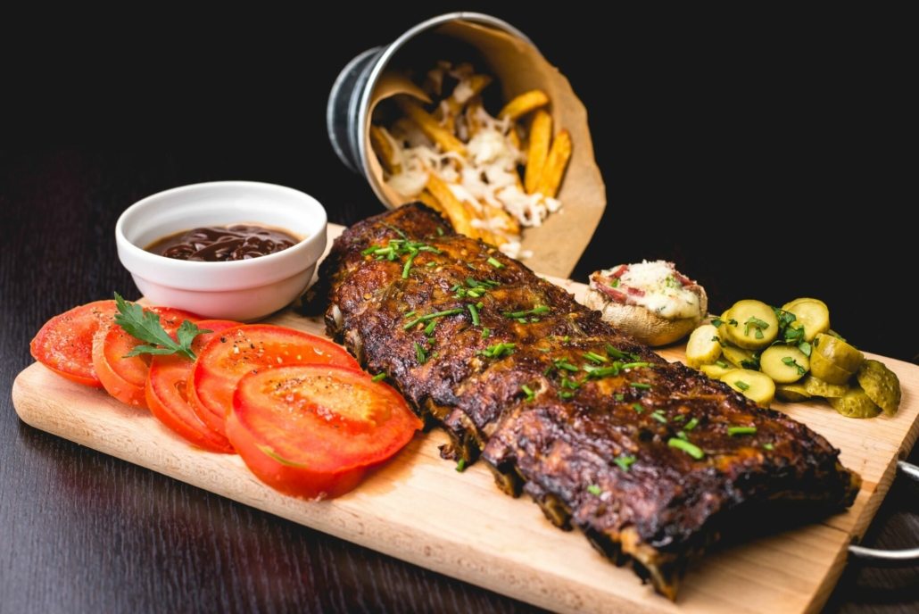 cutting board with meat dinner presentation